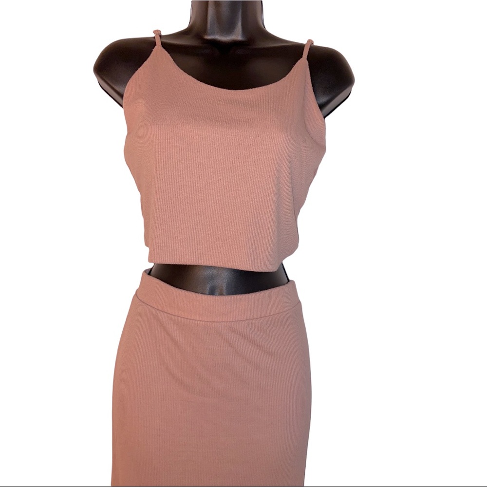 Mauve Two-Piece Rib Knit Crop Top and Midi Skirt Set